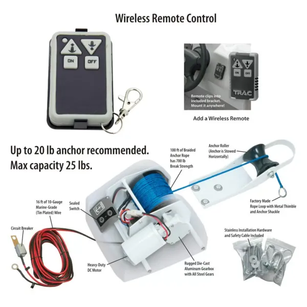 Elektrický kotevní naviják 25 lb pro slanou vodu s dálkovým ovládáním 30 m x 5 mm předem stočený splétaný kotevní kabel Elektrický kotevní naviják 25 lb pro slanou vodu s dálkovým ovládáním 30 m x 5 mm předem stočený splétaný kotevní kabel