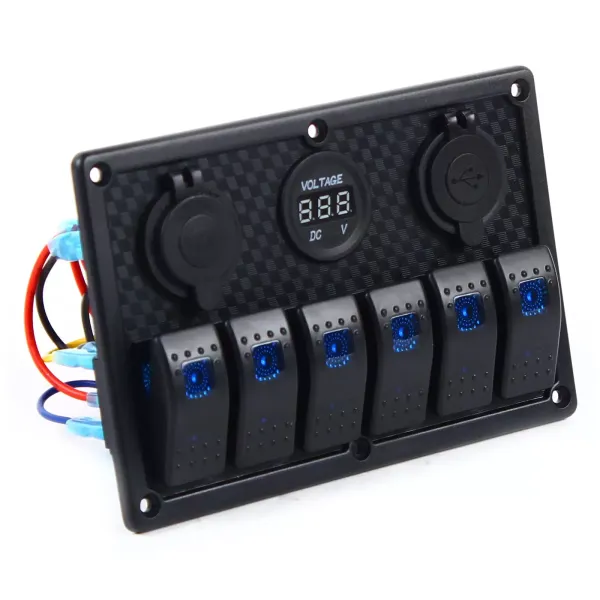 Boat Switch Panel 6-rychlostní spínač zapalování vodotěsný s duálním USB nabíječkou LED voltmetrem