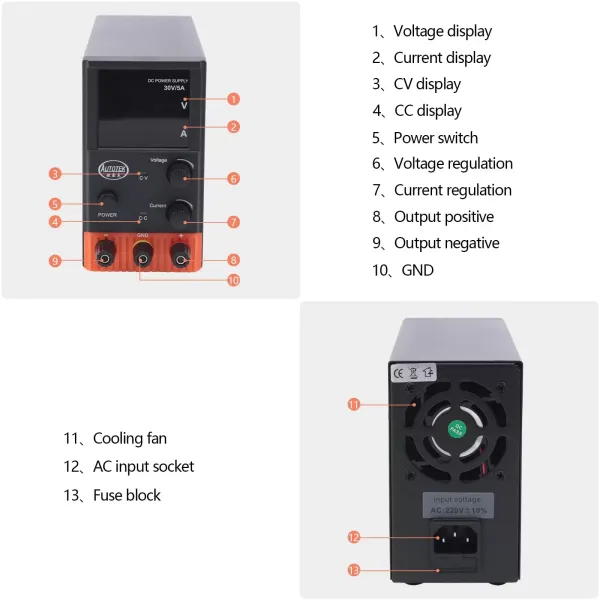Laboratorní napájecí zdroj 220V 5A DC Nastavitelný se 4místným LED displejem, evropský napájecí kabel