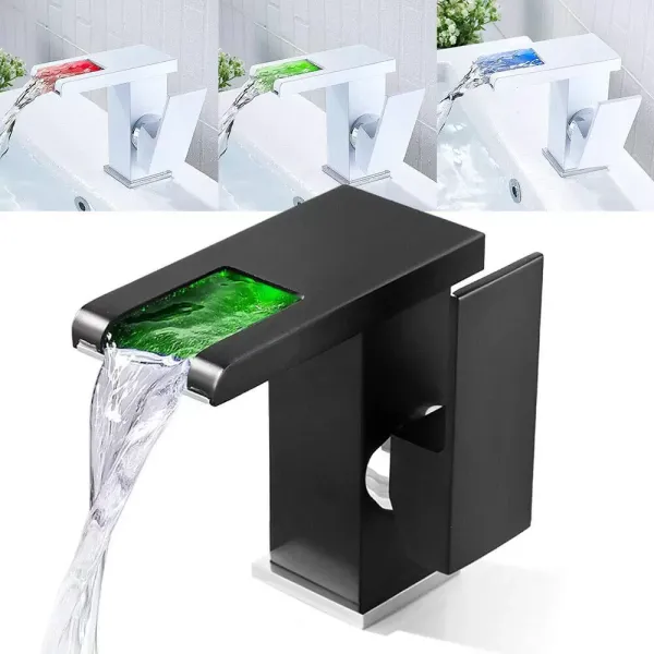 Vodopádová baterie do koupelny s LED osvětlením měnícím barvu, moderní styl, černá