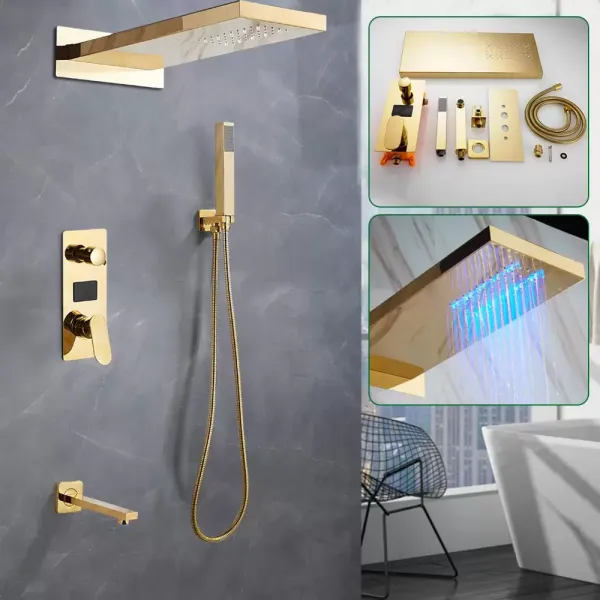 Sprchový systém s LED, nástěnný, Euro styl, multifunkční sprchový set se sprchovou hlavicí a ruční sprchou