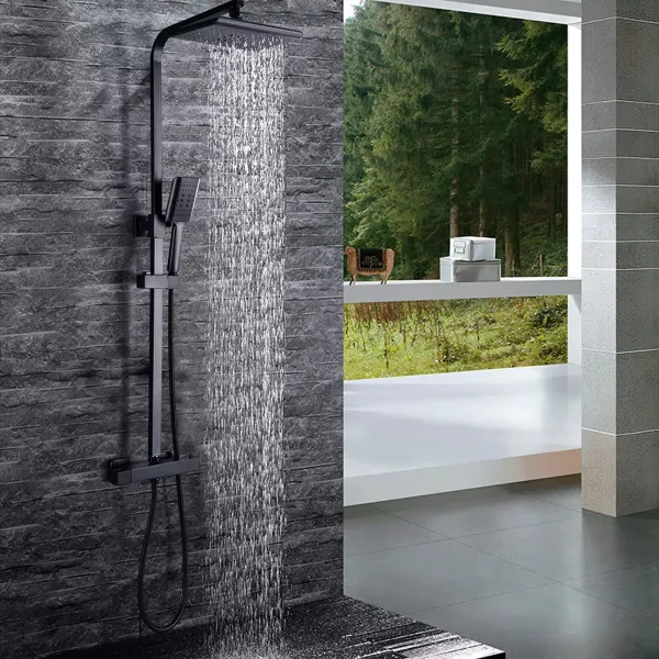 Sprchový systém 360° s termostatem 38°C Černá sprchová sprcha s dešťovou sprchou s bezolovnatou mosaznou a nerezovou trubkou pro sprchy v domácnostech a hotelech