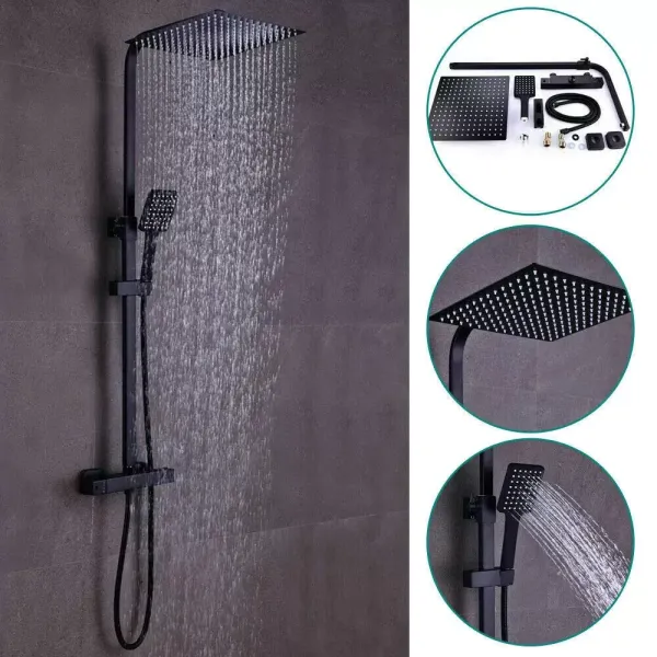 Černý termostatický sprchový systém - sprchová tyč z nerezové oceli - měděná termostatická baterie do koupelny Černý termostatický sprchový systém - sprchová tyč z nerezové oceli - měděná termostatická baterie do koupelny