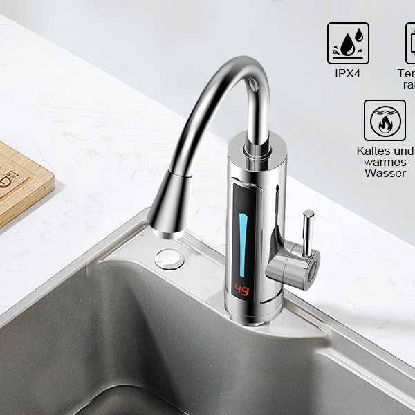 Elektrický kohoutek s 3 kW průtokovým ohřívačem vody - LED displej s teplotou - Nerezová ocel - otočný o 360°