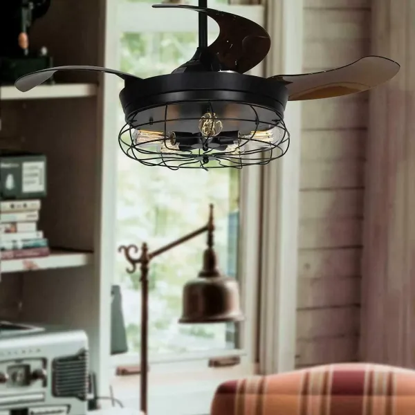 Retro kovový stropní ventilátor se 4 zatahovacími lopatkami se světlem a dálkovým ovládáním – moderní tichý a malý lopatky – 108 cm