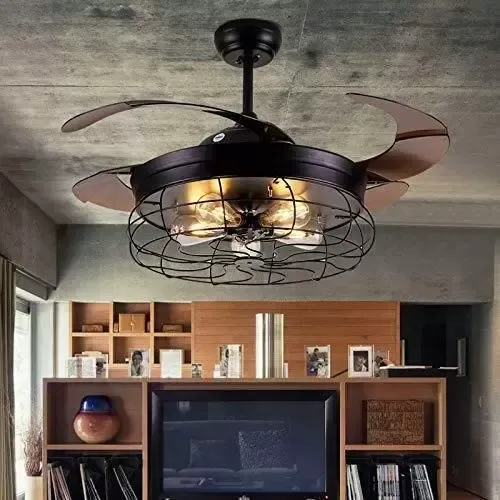 Retro kovový stropní ventilátor se 4 zatahovacími lopatkami se světlem a dálkovým ovládáním – moderní tichý a malý lopatky – 108 cm