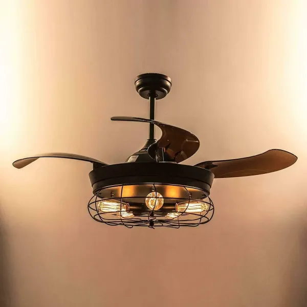 Retro kovový stropní ventilátor se 4 zatahovacími lopatkami se světlem a dálkovým ovládáním – moderní tichý a malý lopatky – 108 cm
