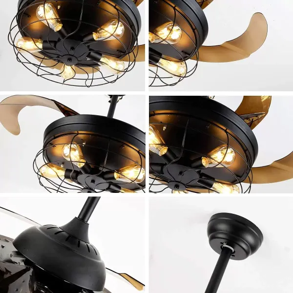 Retro kovový stropní ventilátor se 4 zatahovacími lopatkami se světlem a dálkovým ovládáním – moderní tichý a malý lopatky – 108 cm