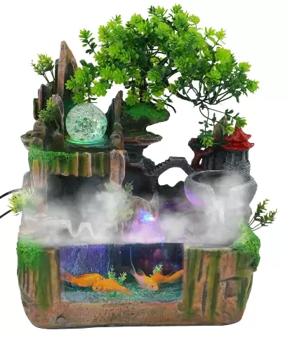 Vnitřní stolní fontána - Vodní fontána - Stolní fontána Vodopád s hnojem - Zen Light - Vnitřní fontána s rostlinami - Dekorace na pracovní plochu z pryskyřice - Vnitřní LED fontána