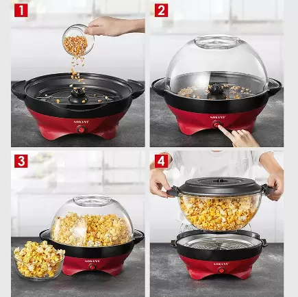 5litrový výrobník popcornu pro domácnost - Vyjímatelná tryskací deska s nepřilnavým povrchem - Snadné čištění.