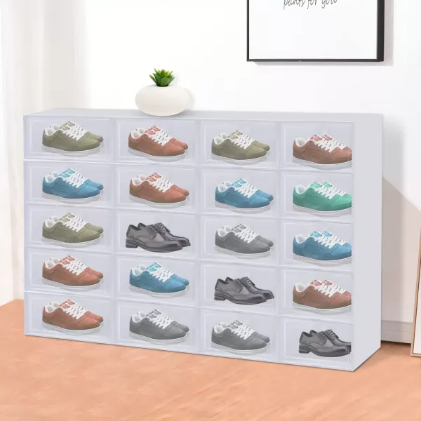 Balení 20 bílých skládacích boxů na boty s průhlednými dvířky a větracími otvory, 33,5 x 25 x 17 cm Balení 20 bílých skládacích boxů na boty s průhlednými dvířky a větracími otvory, 33,5 x 25 x 17 cm