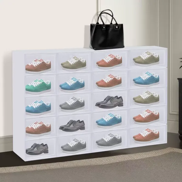Balení 20 bílých skládacích boxů na boty s průhlednými dvířky a větracími otvory, 33,5 x 25 x 17 cm Balení 20 bílých skládacích boxů na boty s průhlednými dvířky a větracími otvory, 33,5 x 25 x 17 cm