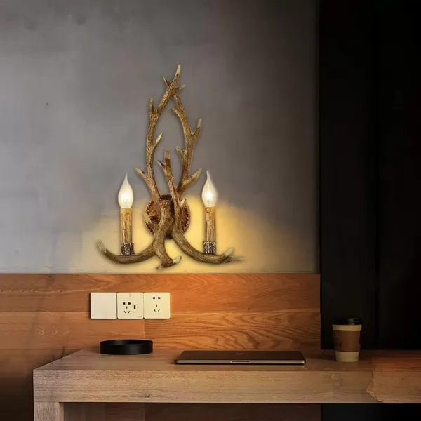 Rustikální nástěnná lampa z parohu Jelení roh 2 světla Kreativní osobnost 38 cm-50 cm 2 žárovky v ceně Nástěnné svítidlo z jelení paroh E14 nástěnné svítidlo