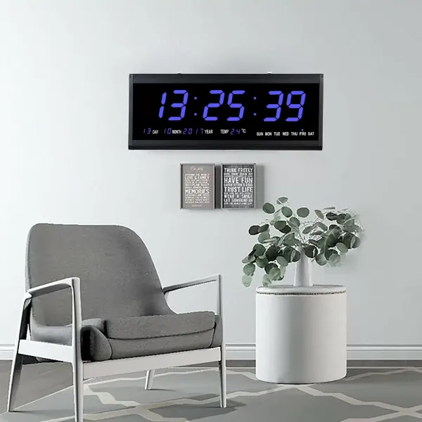 LED digitální nástěnné hodiny s ukazatelem data a teploty - 480 x 190 x 30 mm