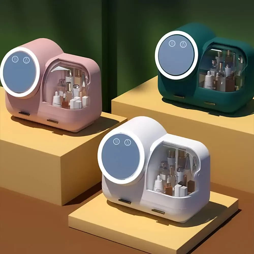 CNCEST (růžový/bílý/zelený) organizér na make-up s úložným boxem pro světelnou kosmetiku LED – otočné zrcadlo