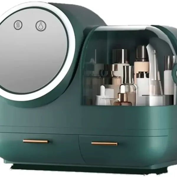 CNCEST (růžový/bílý/zelený) organizér na make-up s úložným boxem pro světelnou kosmetiku LED – otočné zrcadlo
