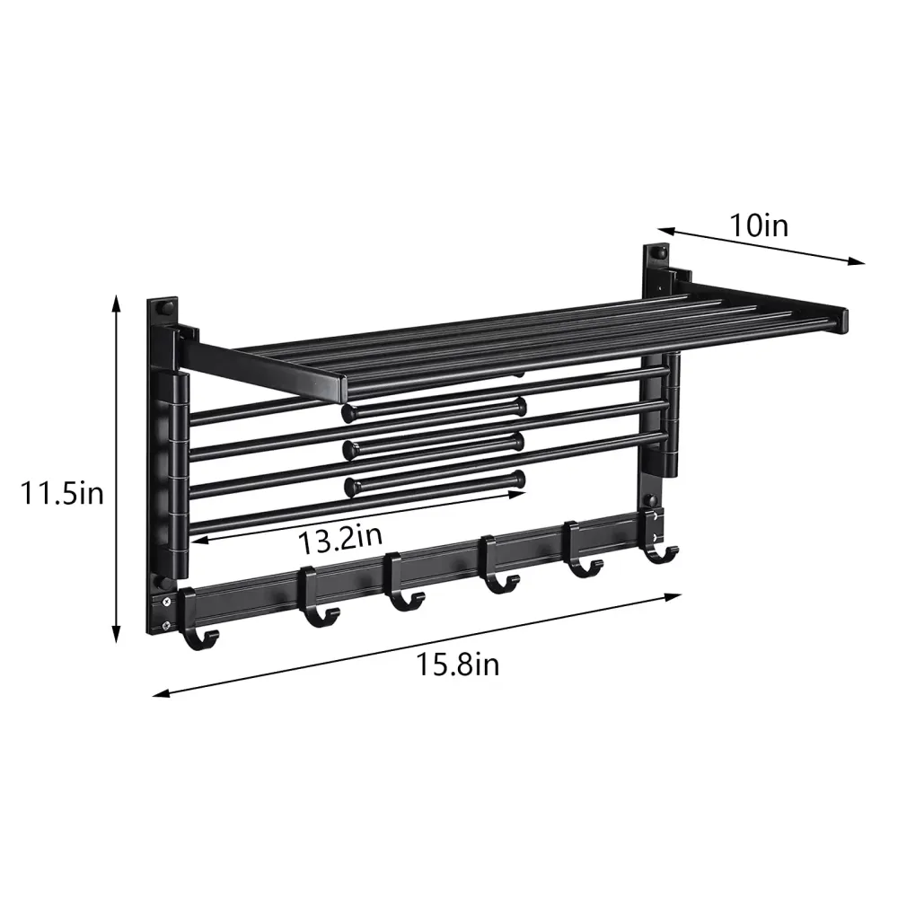 Nástěnný věšák na osušky - Hliník - 40 cm - Se 7 tyčemi - Kov - Pro koupelny a balkóny - Do 20 kg - Černá