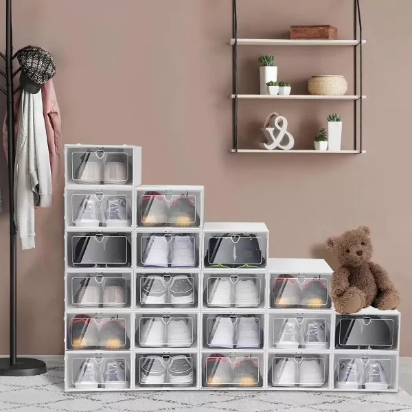 Balení 20 průhledných plastových boxů na uložení bot, stohovatelné a odolné, 33 x 23 x 14 cm Balení 20 průhledných plastových boxů na uložení bot, stohovatelné a odolné, 33 x 23 x 14 cm