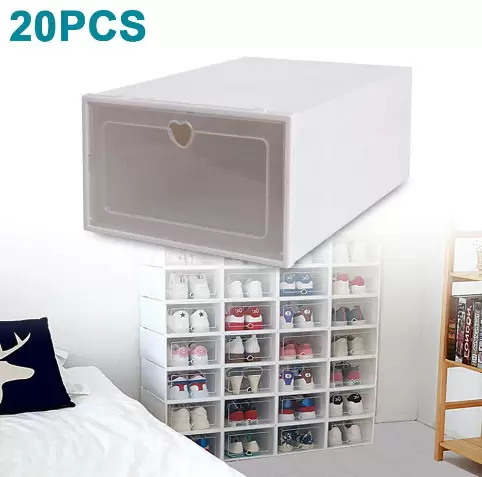 Balení 20 průhledných plastových boxů na uložení bot, stohovatelné a odolné, 33 x 23 x 14 cm