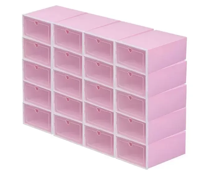 Transparentní botník, sada 20 kusů, skládací a stohovatelné plastové úložiště bot, s víkem (33 * 23 * 14 cm) (růžová)