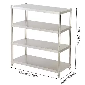 4patrová kuchyňská police, nerezová ocel, maximální zatížení: 50 kg, 120 x 40 x 150 cm
