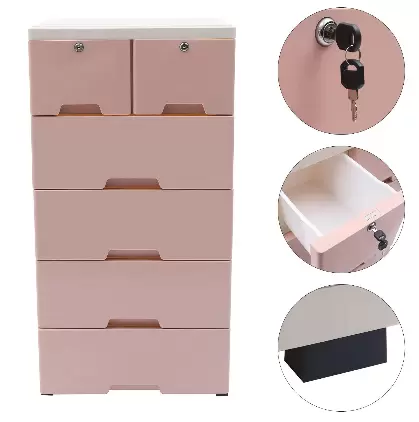 Plastová noční komoda se 6 zásuvkami – se 4 domácími kolečky (39,7 x 33,8 x 13,8 x 40 cm) – růžová