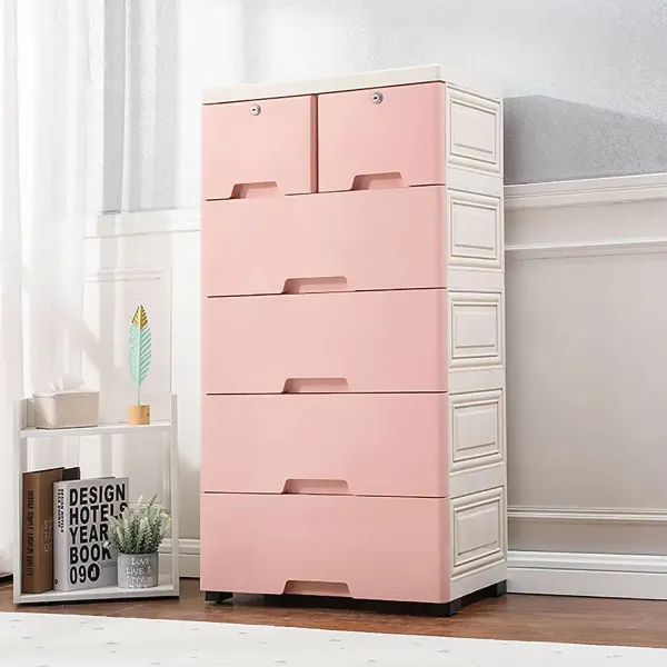 Plastová noční komoda se 6 zásuvkami – se 4 domácími kolečky (39,7 x 33,8 x 13,8 x 40 cm) – růžová