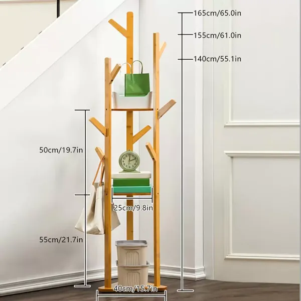 Bambusový věšák na kabáty se 3 policemi a 8 háčky, snadná a stabilní montáž - na boty, čepice, tašky a šály - 165 cm