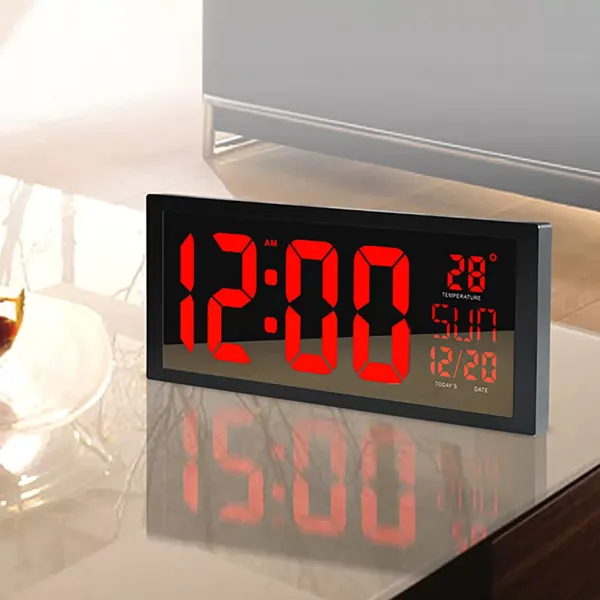 36,5 x 15 x 4,5 cm - Digitální hodiny LED - Červené - Nástěnné hodiny s datem a teplotou - Kalendář - Displej 12H
