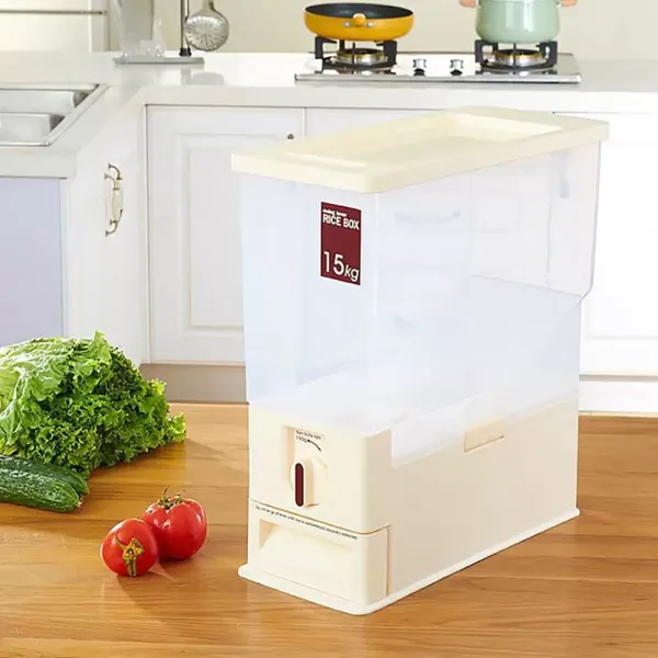 Zásobník na rýži - 15 kg - s víkem - Odměrný dávkovač - na suché potraviny, rýžovou mouku, fazolová zrna (béžová)