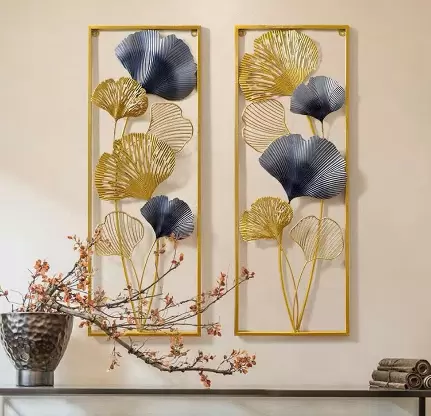 CNCEST 2ks 3D kovová nástěnná dekorace Ginkgo Leaves do obývacího pokoje Zlaté listy kovová nástěnná dekorace s rámem
