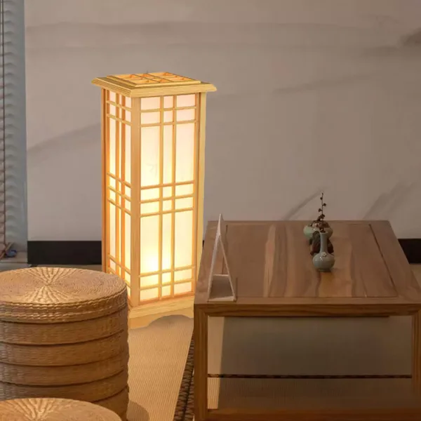 Japonská stojací lampa 220 V z borovice s dřevěným rámem lampy a stínidlem z umělé ovčí kůže Lamp