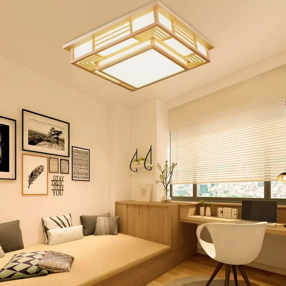 Japonské stropní svítidlo LED, stropní svítidlo z masivního dřeva, kreativní geometrie, stropní svítidlo do obývacího pokoje
