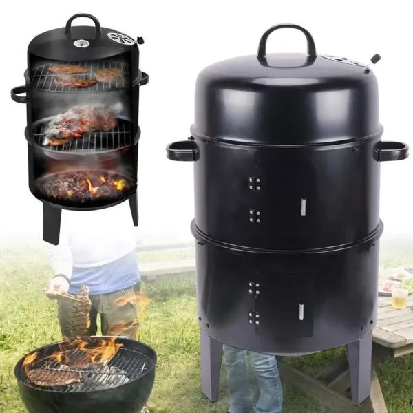 Multifunkční udírenský gril 3 v 1, dvouvrstvý, gril na dřevěné uhlí s teploměrem, venkovní gril