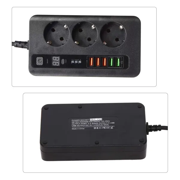 2M Travel Power Strip Power Strip se 3 zásuvkami a 5 USB Power Strip Automatické vypínání USB port a USB nabíječka