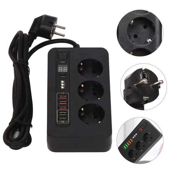 2M Travel Power Strip Power Strip se 3 zásuvkami a 5 USB Power Strip Automatické vypínání USB port a USB nabíječka