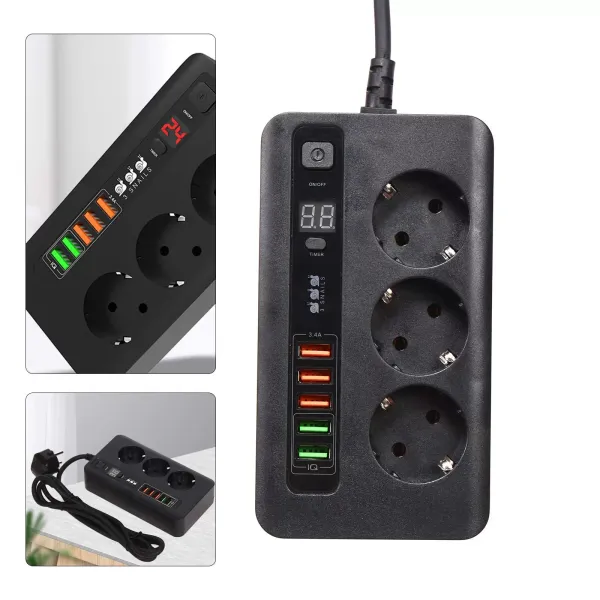 2M Travel Power Strip Power Strip se 3 zásuvkami a 5 USB Power Strip Automatické vypínání USB port a USB nabíječka