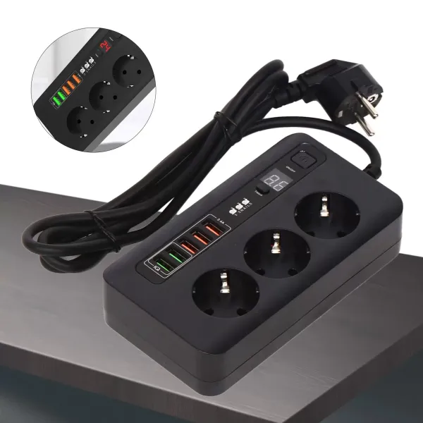 2M Travel Power Strip Power Strip se 3 zásuvkami a 5 USB Power Strip Automatické vypínání USB port a USB nabíječka