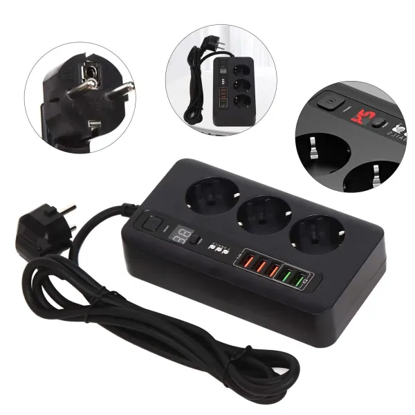 2M Travel Power Strip Power Strip se 3 zásuvkami a 5 USB Power Strip Automatické vypínání USB port a USB nabíječka 2M Travel Power Strip Power Strip se 3 zásuvkami a 5 USB Power Strip Automatické vypínání USB port a USB nabíječka