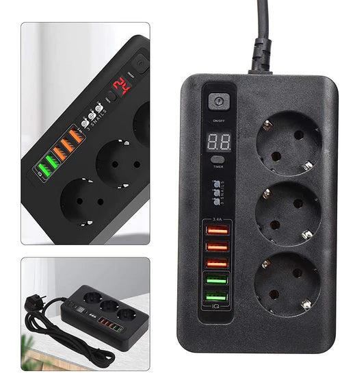 2M Travel Power Strip Power Strip se 3 zásuvkami a 5 USB Power Strip Automatické vypínání USB port a USB nabíječka