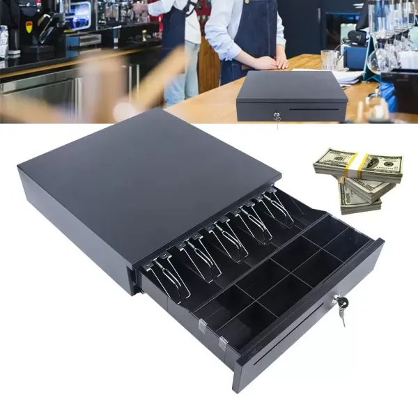 Zásuvka na peníze Pokladní zásuvka Černá Vybavení obchodu + 2*Klíče Steel+Abs