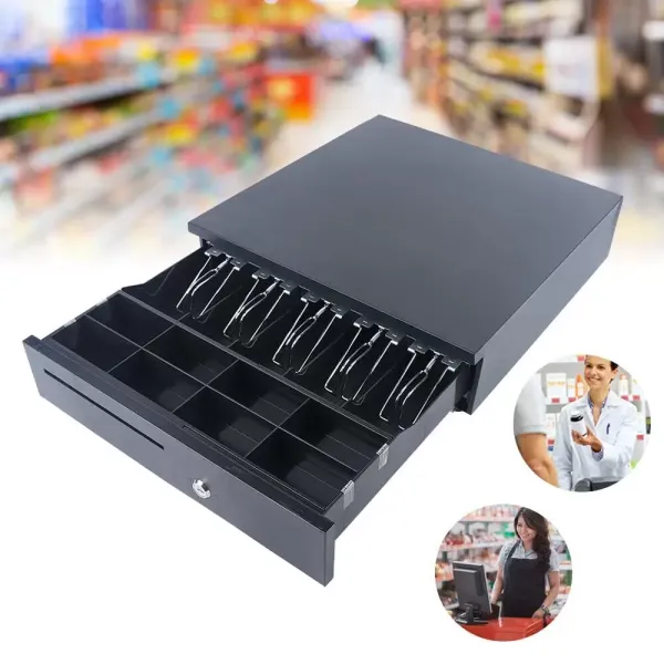 Zásuvka na peníze Pokladní zásuvka Černá Vybavení obchodu + 2*Klíče Steel+Abs