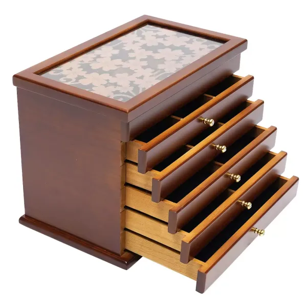 Hnědá dřevěná šperkovnice - 6 pater - velká - 30 x 18,5 x 25 cm - se vzorem čtyřlístku