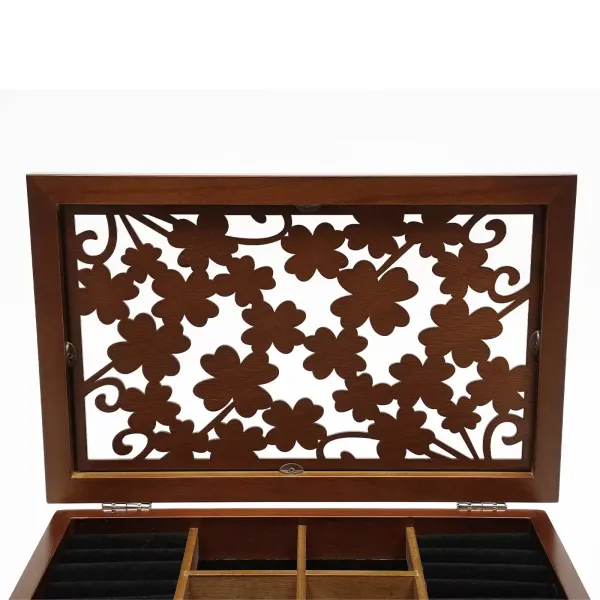 Hnědá dřevěná šperkovnice - 6 pater - velká - 30 x 18,5 x 25 cm - se vzorem čtyřlístku Hnědá dřevěná šperkovnice - 6 pater - velká - 30 x 18,5 x 25 cm - se vzorem čtyřlístku