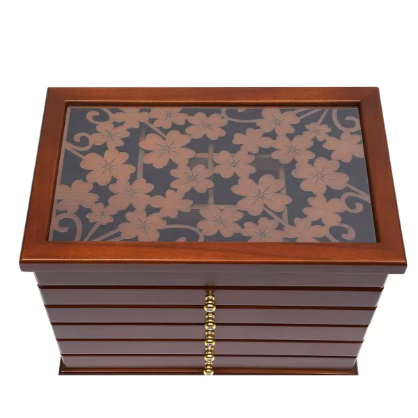 Hnědá dřevěná šperkovnice - 6 pater - velká - 30 x 18,5 x 25 cm - se vzorem čtyřlístku