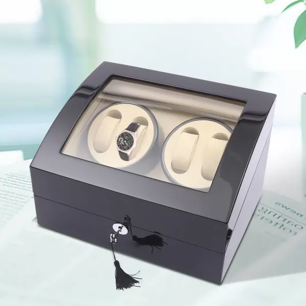 Natahovač hodinek s tichými motory Elegance Natahovač hodinek Stylový natahovač hodinek pro 4 automatické hodinky s úložným prostorem pro 6 hodinek v černém a bílém interiéru s klavírním lakem