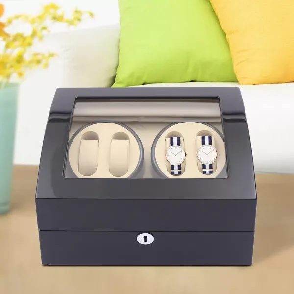 Natahovač hodinek s tichými motory Elegance Natahovač hodinek Stylový natahovač hodinek pro 4 automatické hodinky s úložným prostorem pro 6 hodinek v černém a bílém interiéru s klavírním lakem