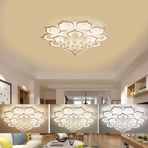 Moderní LED stropní svítidlo se stmívatelným dálkovým ovládáním, křišťálové okvětní plátky, 16 hlav