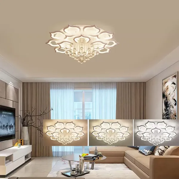 Moderní LED stropní svítidlo se stmívatelným dálkovým ovládáním, křišťálové okvětní plátky, 16 hlav
