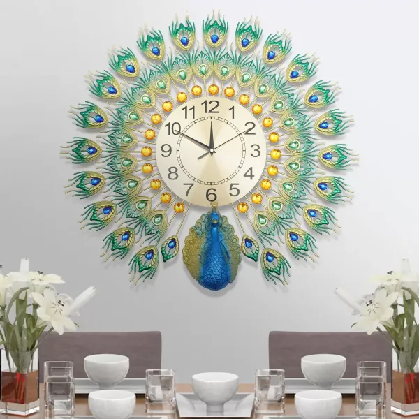60 x 60 cm Peacock Nástěnné hodiny Vícebarevné kovové hodiny Nástěnná dekorace v evropském stylu do obývacího pokoje, ložnice nebo jako dárek